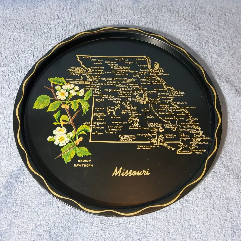Vintage Missouri State Souvenir Round Metal Tray Black Gold Hawthorn Flower 11